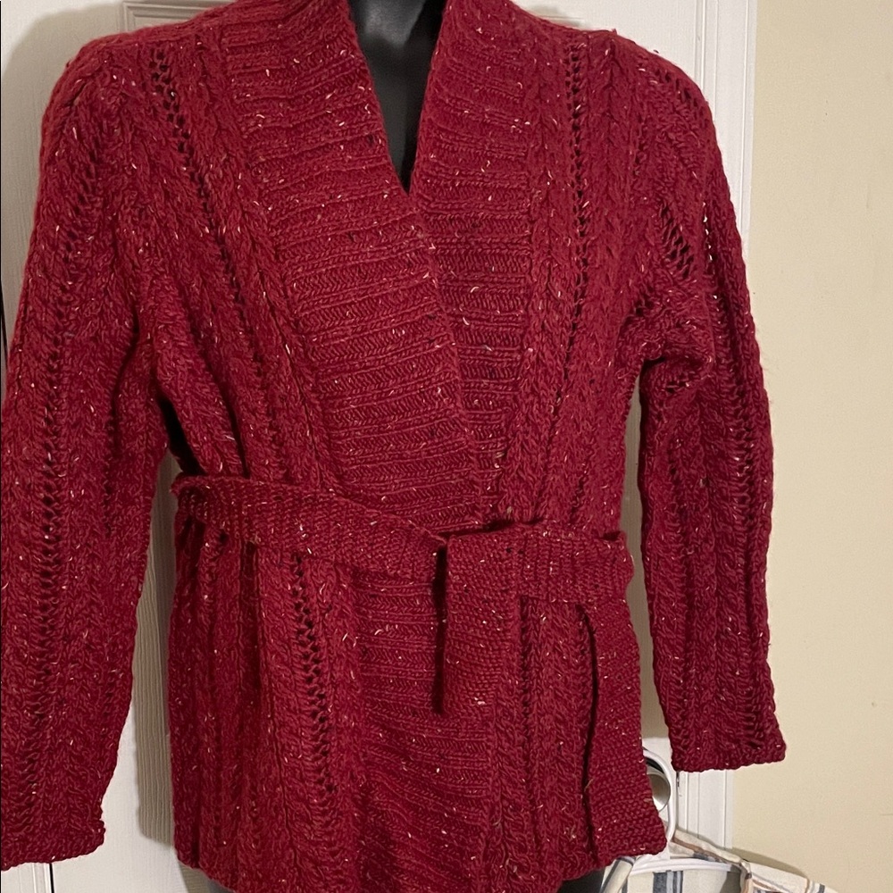 Custom Dark Red HandKnit Cardigan Sweater with Belt